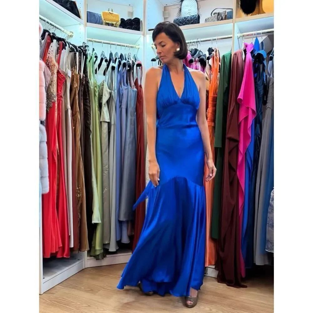 Cache Vintage Cobalt Blue Liquid Silk Halter Fishtail Maxi Gown - Picture 15 of 16